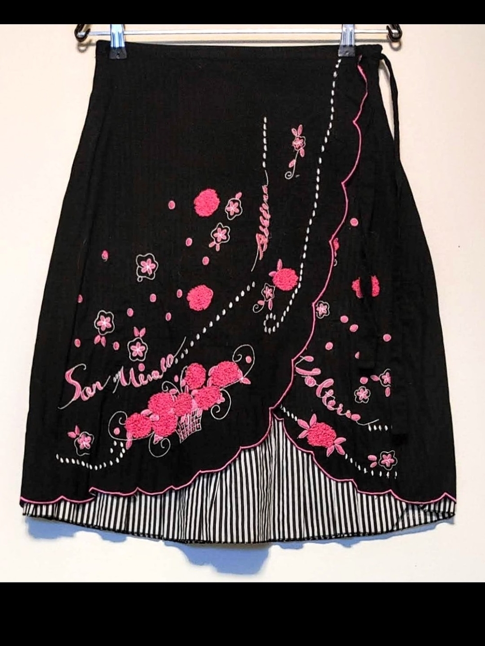 Persaman New York Black PinUp Maximalist Skirt Floral Embroidery Pompoms Striped